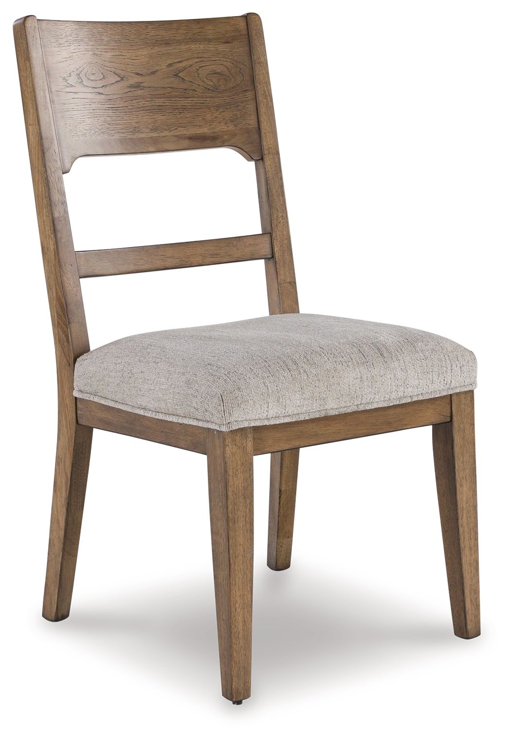 Upholstered dining side chair with light-gray fabric seat and curved wood backrest
