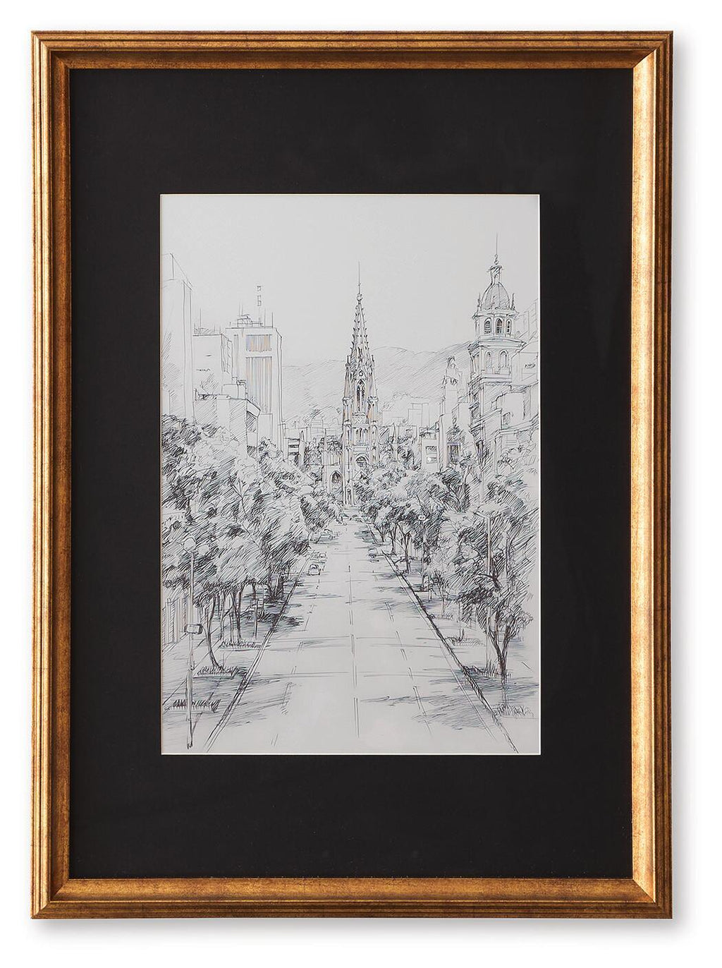 Framed black-and-white cityscape wall art print with detailed street view