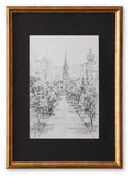 Framed black-and-white cityscape wall art print with detailed street view