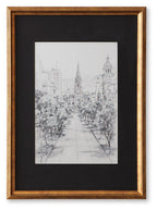 Framed black-and-white cityscape wall art print with detailed street view