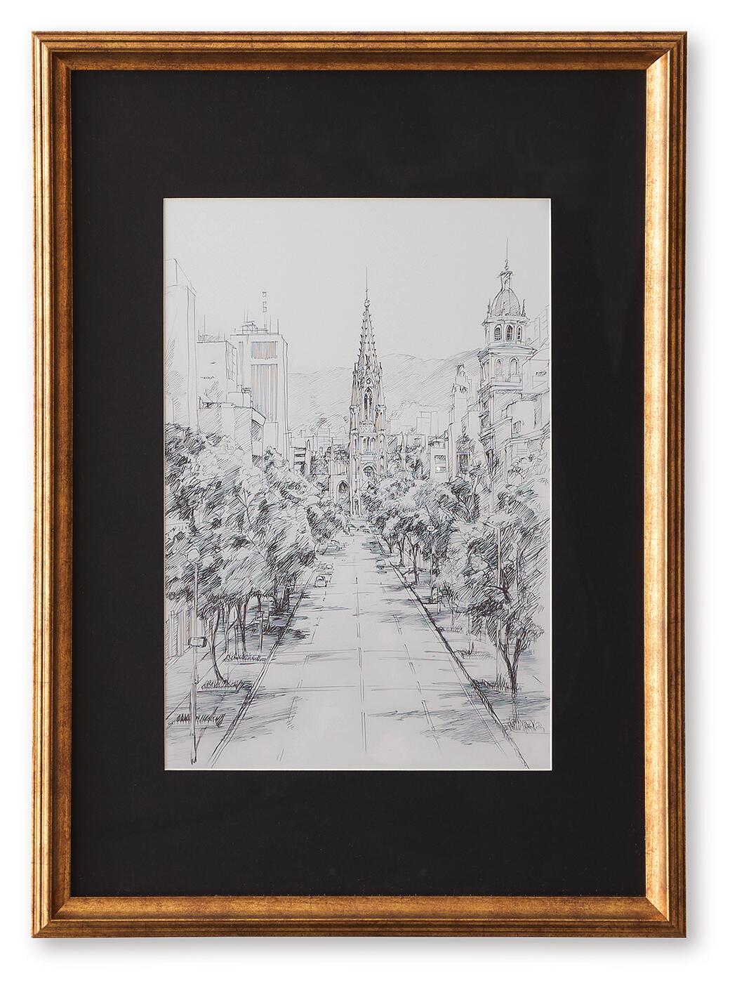 Framed black-and-white cityscape wall art print with detailed street view
