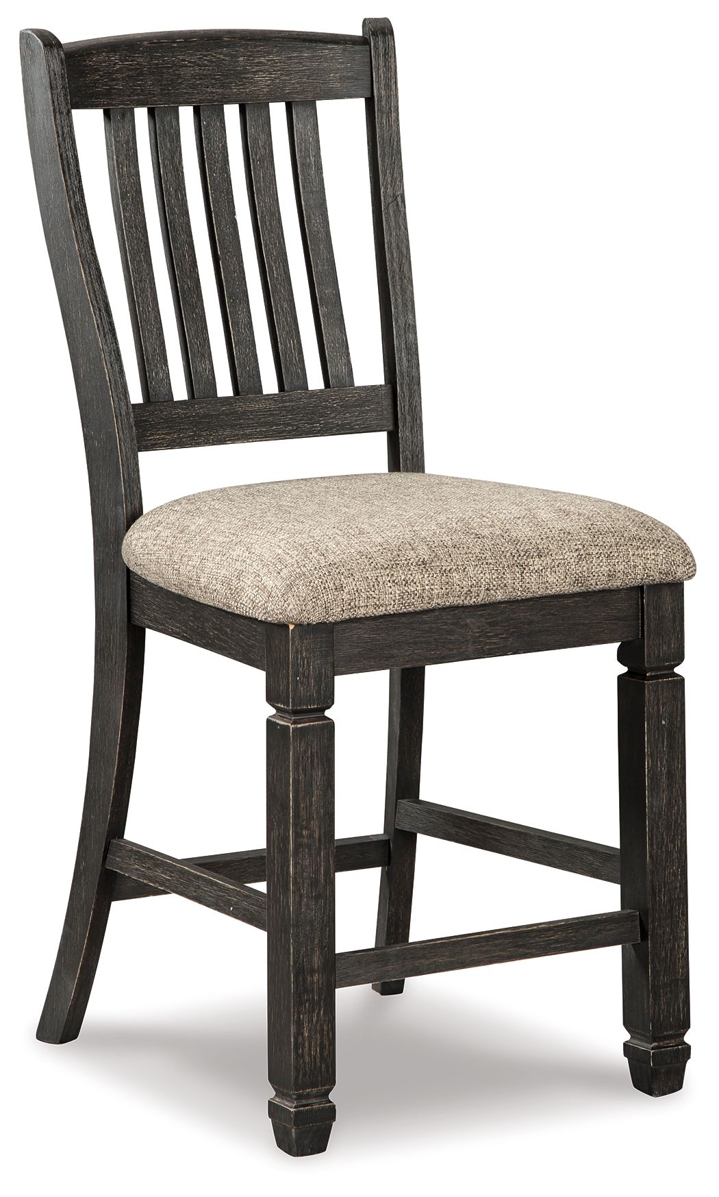 Two-tone barstool with slatted back, padded light-gray seat, dark brown frame