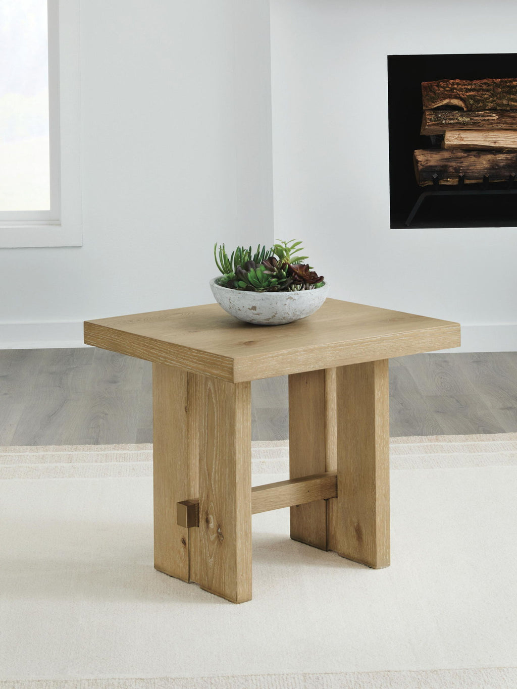 Light brown wood table with open lower shelf and straight square legs