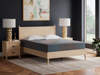 Gray hybrid mattress on light wood bed frame, upholstered top surface visible
