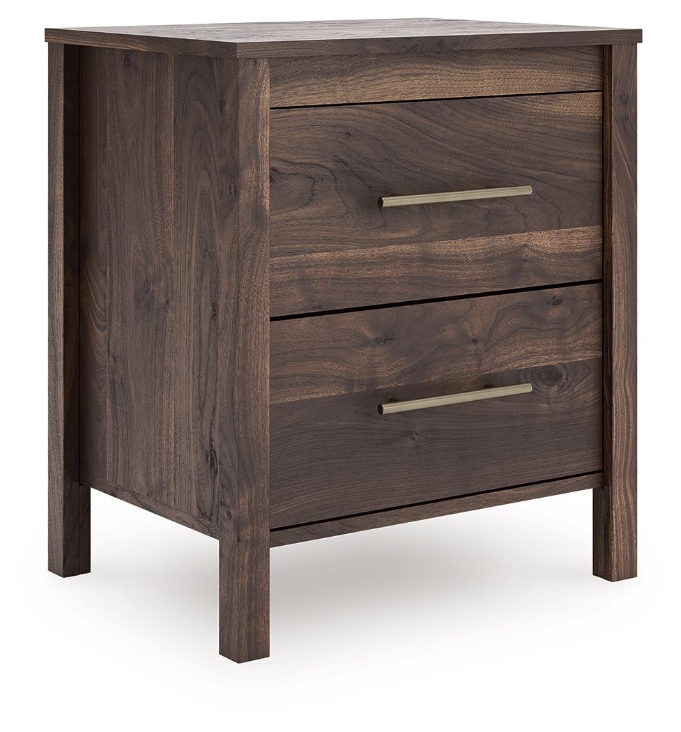 Calverson Night Stand in light brown wood with two drawers and brass bar pulls