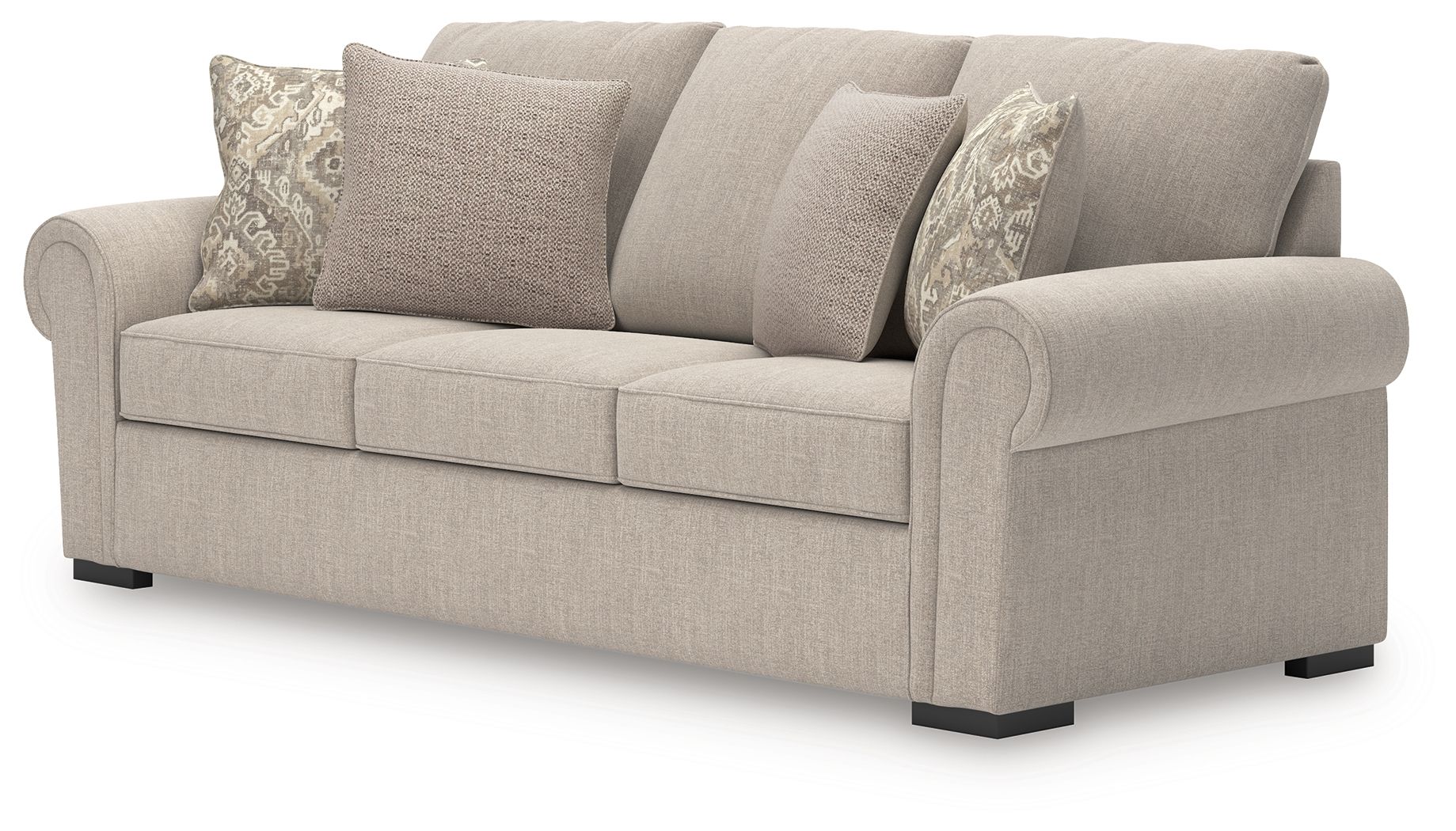 Heather fabric sofa in light beige with patterned and solid throw pillows, rounded armrests