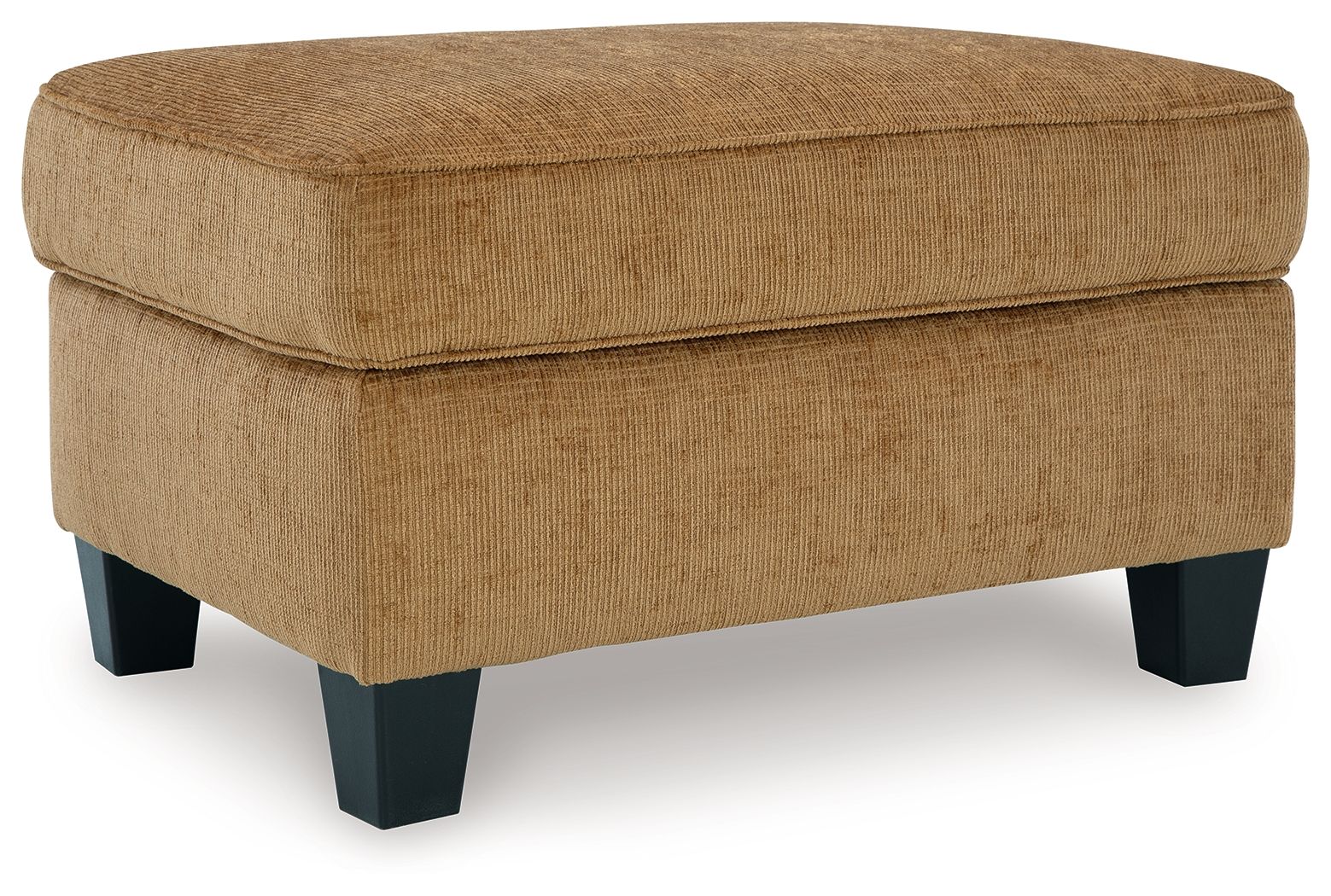 Light brown ottoman with smooth fabric top and clean seams, block legs