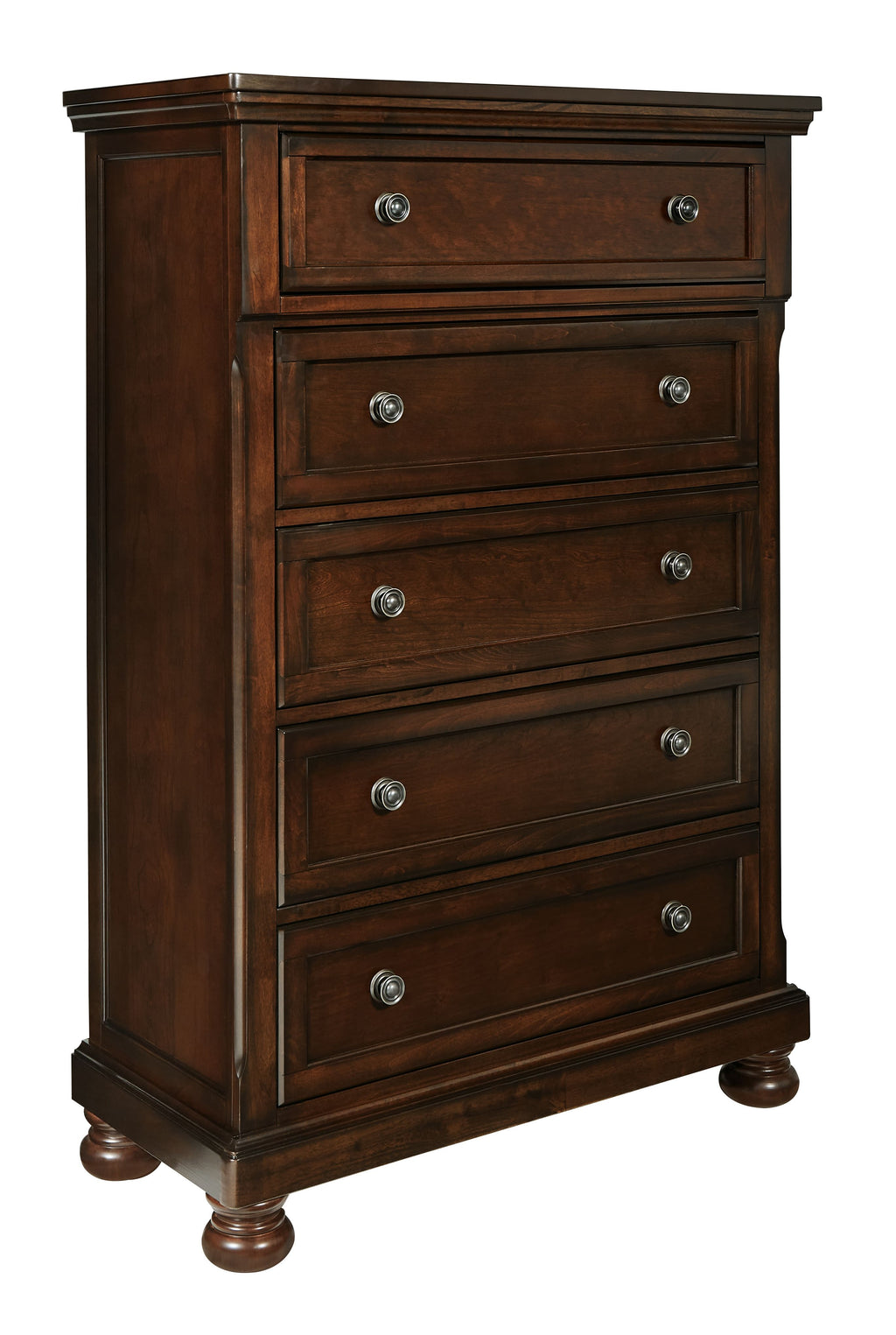Rustic brown chest of drawers with four drawers and round metal knobs