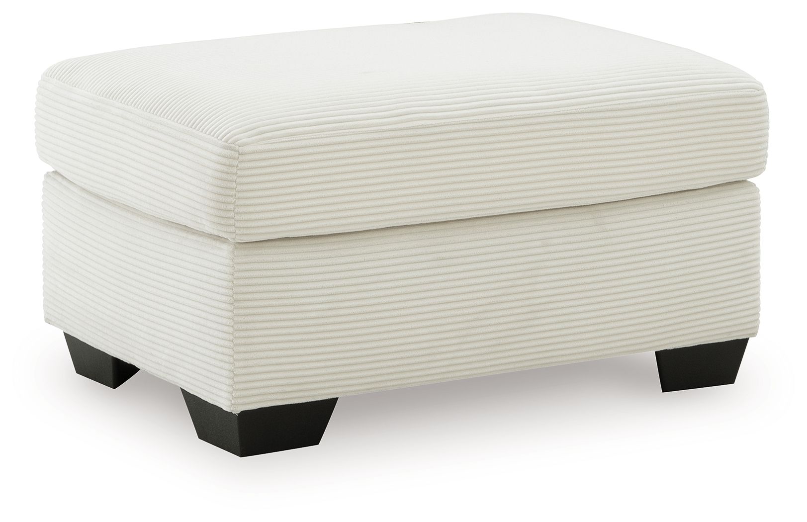 White upholstered ottoman with rounded lid, ribbed fabric texture and dark legs