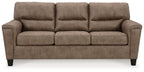 Fossil brown fabric sofa with three seat sections and padded track arms