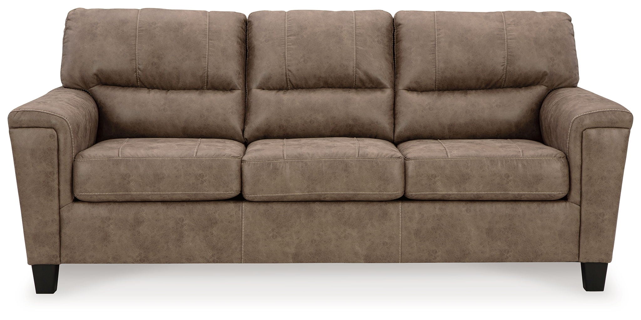 Fossil brown fabric sofa with three seat sections and padded track arms