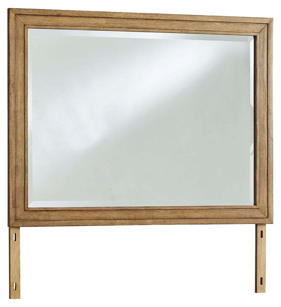 Rectangular bedroom mirror with brown wood frame and clear glass