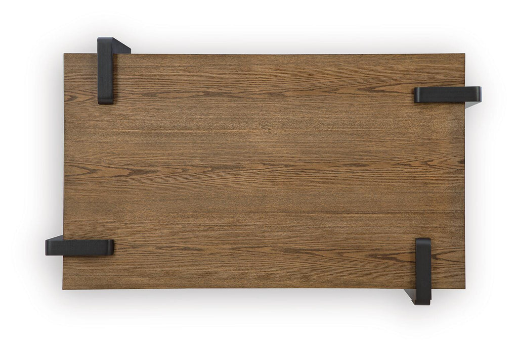 Square-angled view of rectangular table top with black corner hardware and wood grain finish