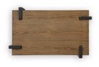 Square-angled view of rectangular table top with black corner hardware and wood grain finish