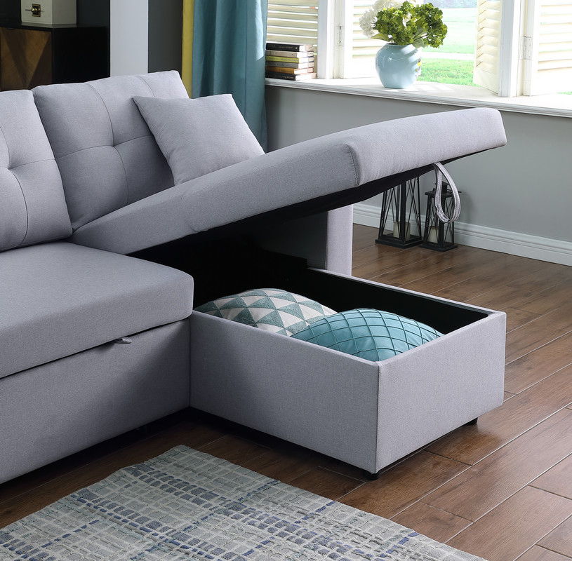 Dennis - Linen Fabric Reversible Sleeper Sectional With Storage Chaise And 2 Stools