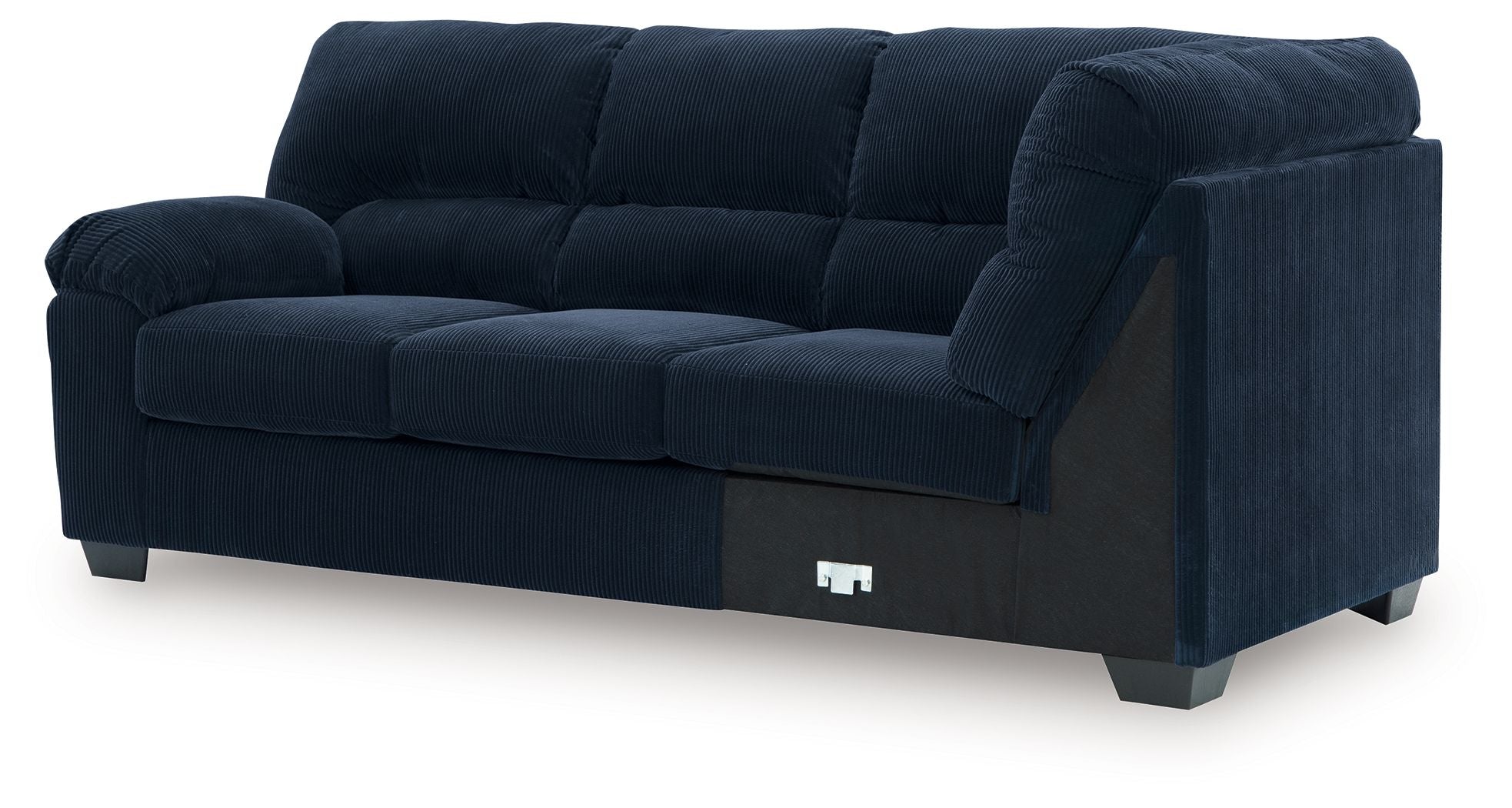 Navy corner wedge sofa with deep seat cushions and square track arms