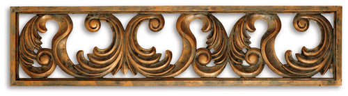 Carved wood wall decor band with ornate scroll accents on dark natural frame.