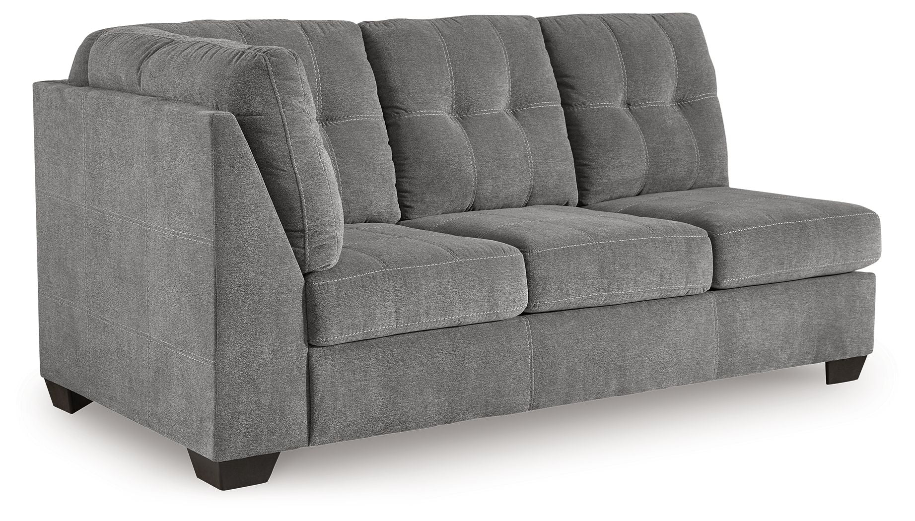 Gray sofa sleeper with tufted back cushions and padded arms, dark legs