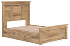 Light brown wood panel storage bed with slatted base and two drawer fronts