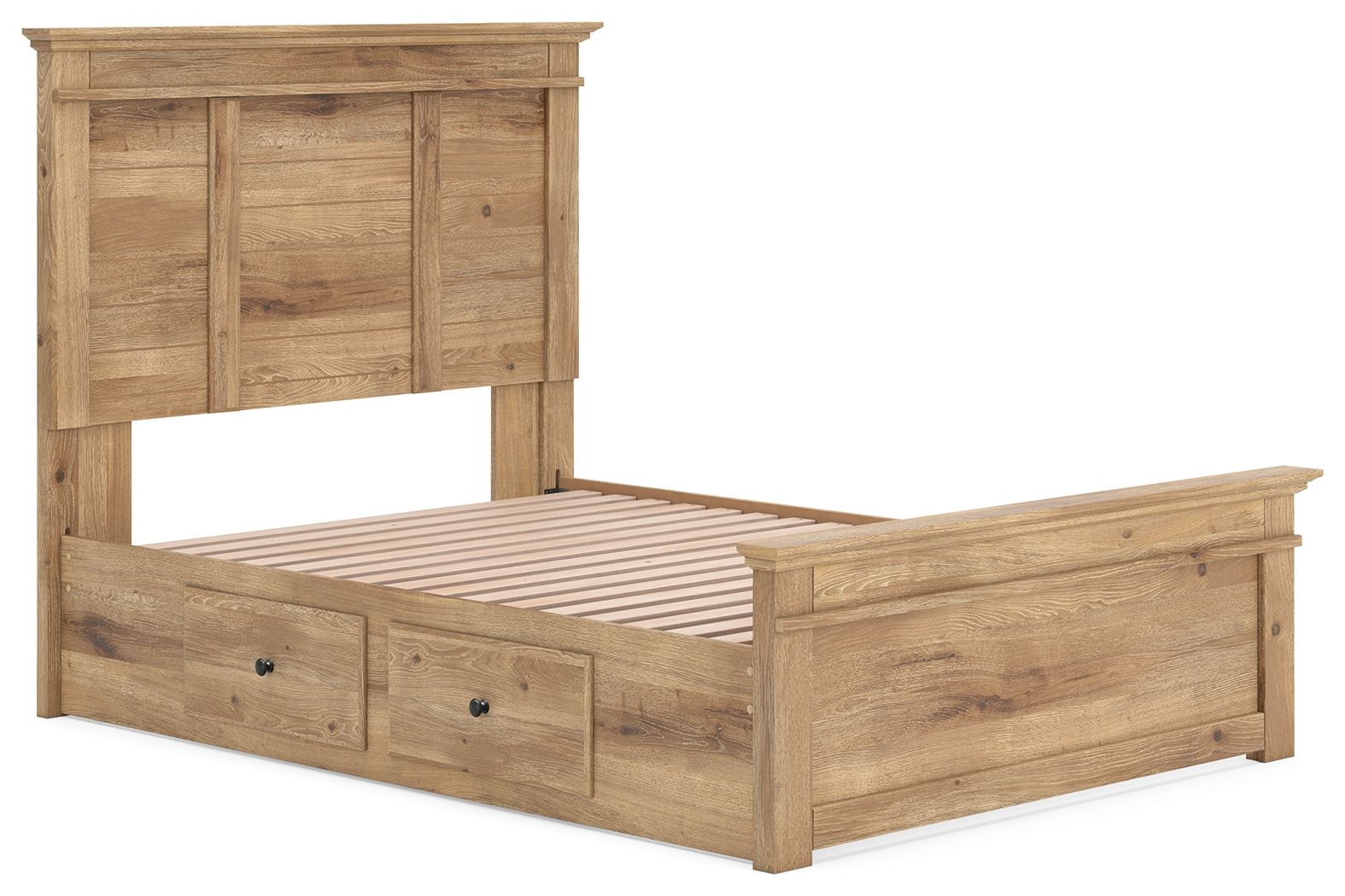 Light brown wood panel storage bed with slatted base and two drawer fronts