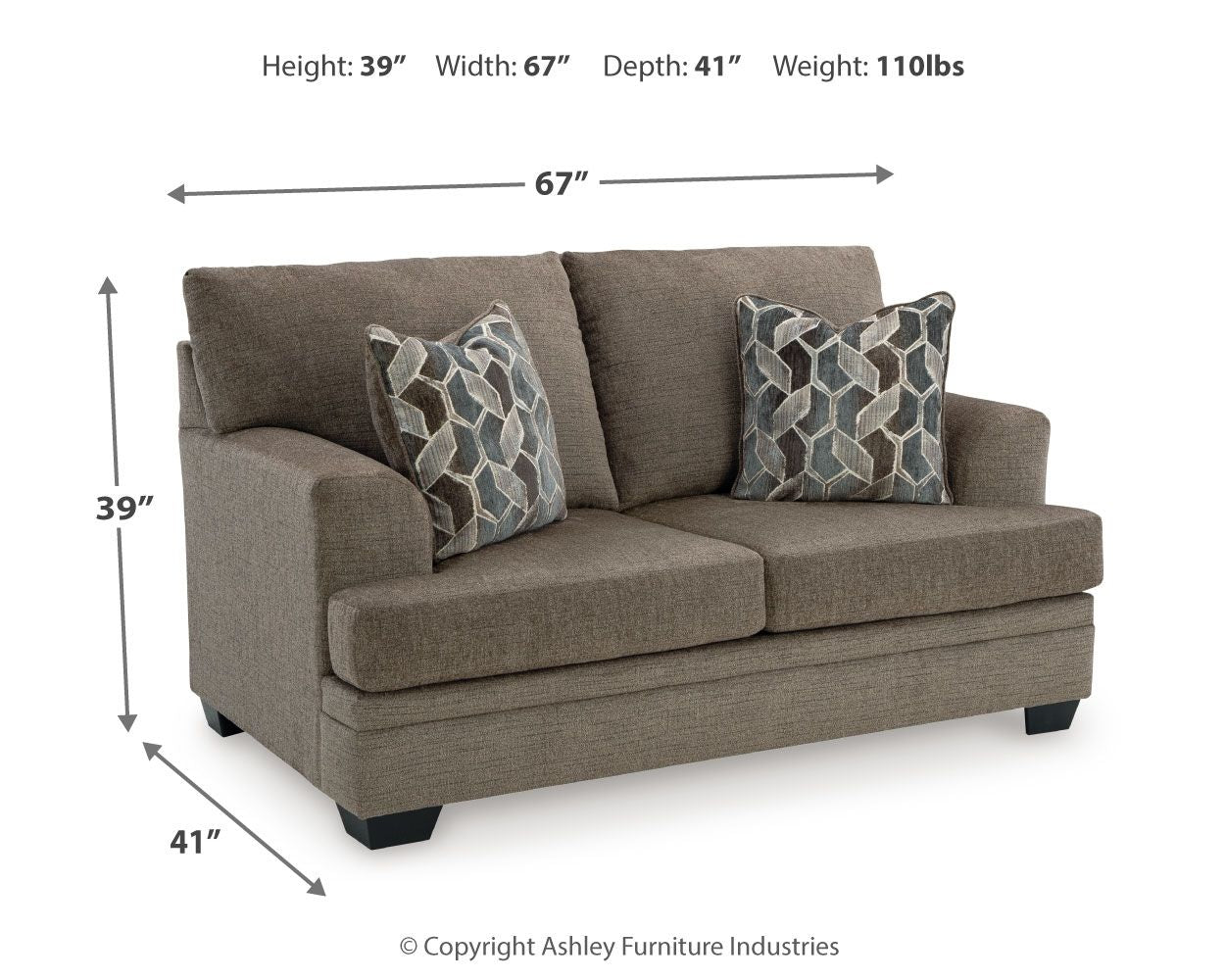Light beige fabric loveseat with two geometric patterned pillows, size diagram shown