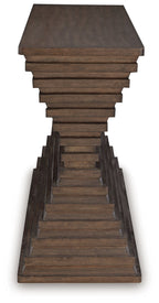 Warm brown sofa table side view, open lower frame with slat steps