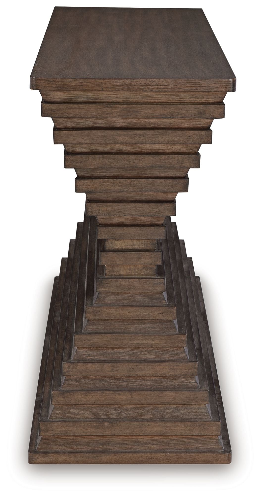 Warm brown sofa table side view, open lower frame with slat steps