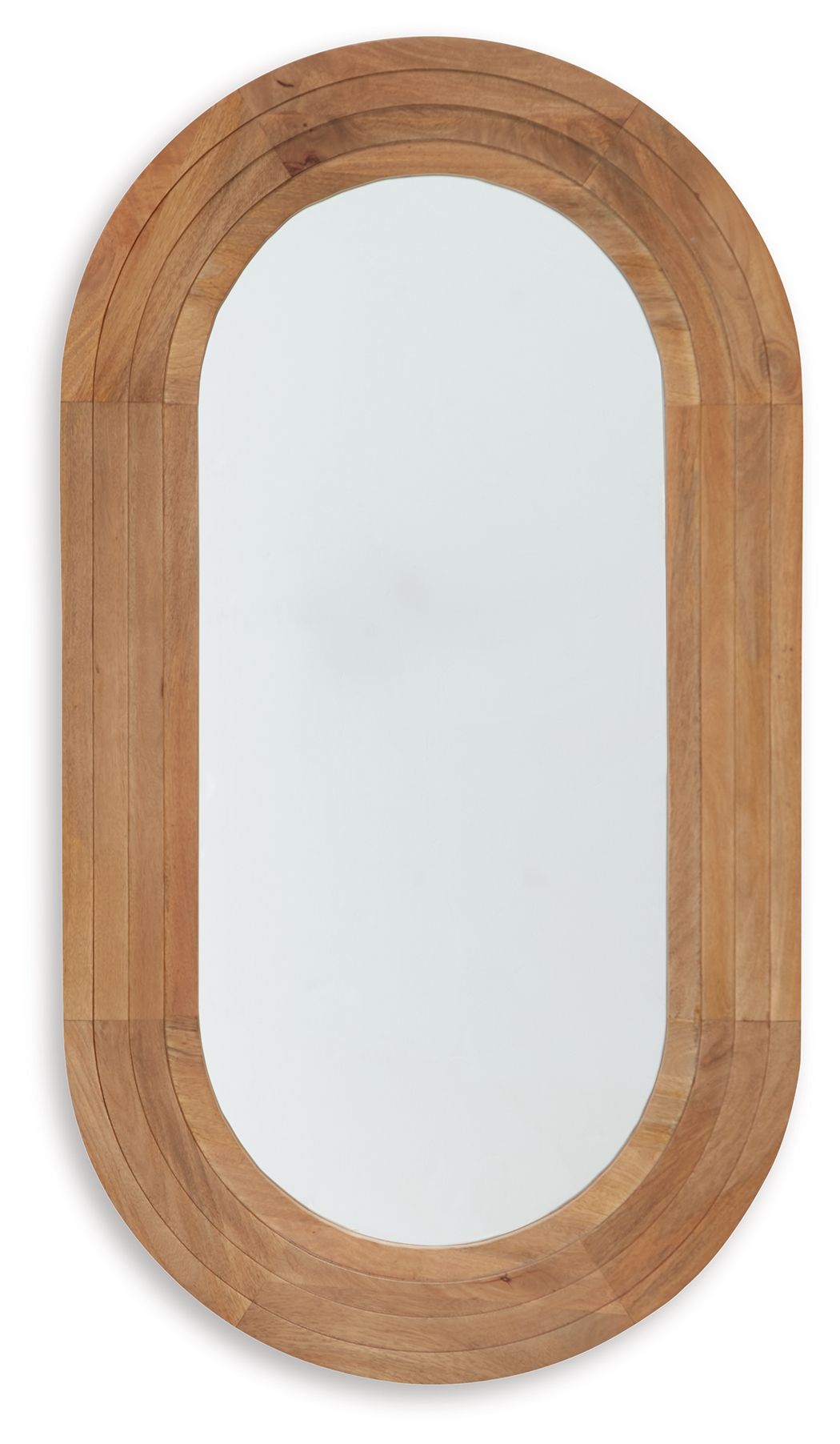 Brown oval accent mirror with layered wood frame and arched edges