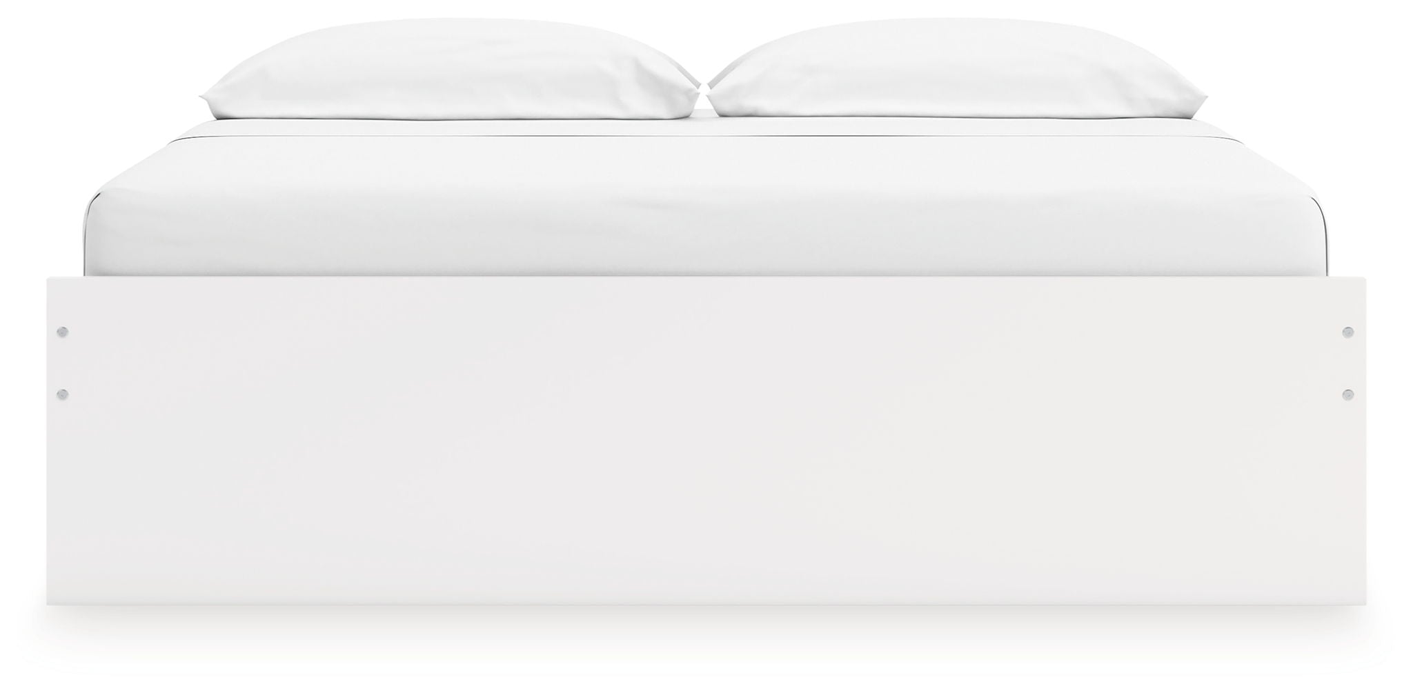 White platform bed with tall panel headboard and footboard
