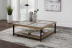 Square cocktail table with marble-look tiled top, wood shelves, dark legs
