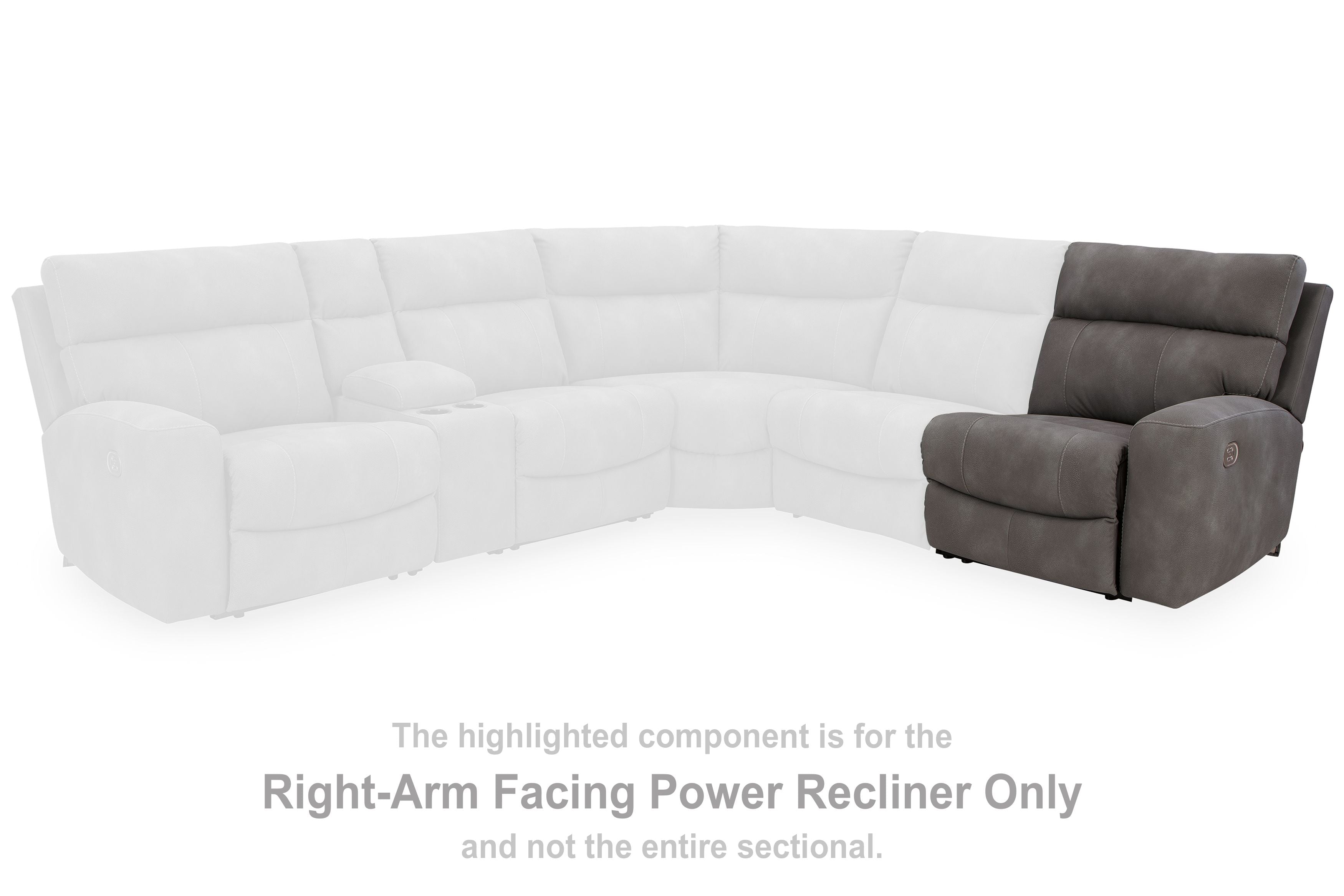 Right-arm facing power recliner section in slate and light gray fabric, corner layout.