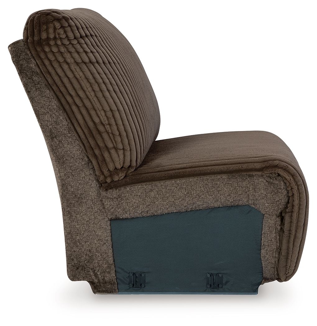 Chocolate-brown armless chair detail: ribbed side panel, back cushion, and dark base.