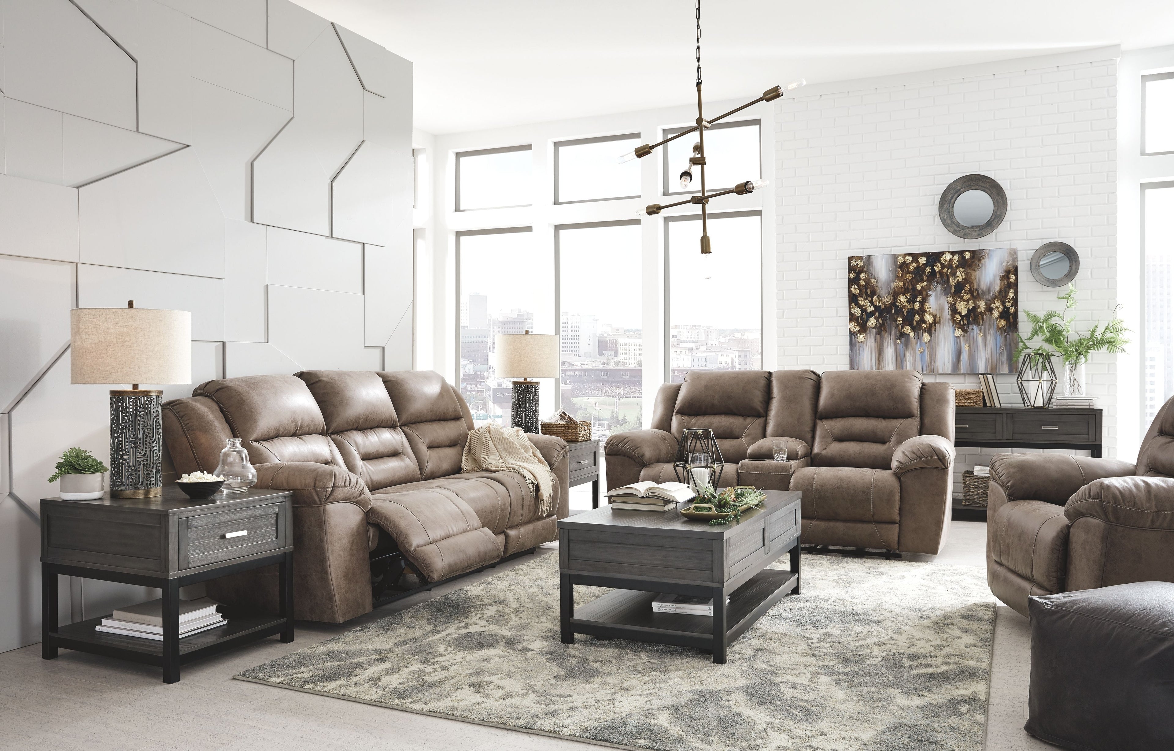 Reclining sectional set with light brown upholstery and padded tufted backrests
