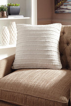 Theban beige decorative pillow with textured weave and stacked horizontal stripe pattern