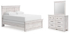 Panel bedroom set with bed, dresser, and mirror in light gray wood