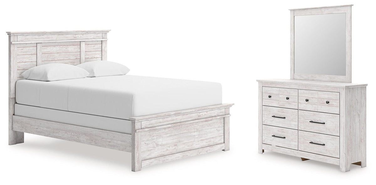 Panel bedroom set with bed, dresser, and mirror in light gray wood