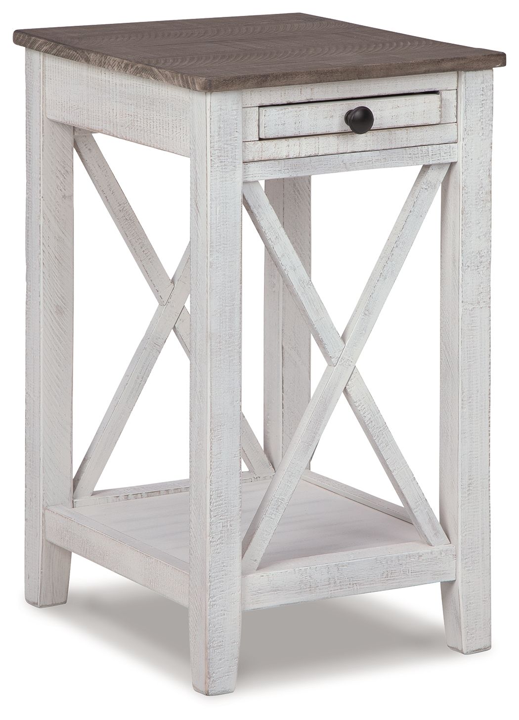Accent table with open shelf, drawer, weathered white finish and dark gray top.