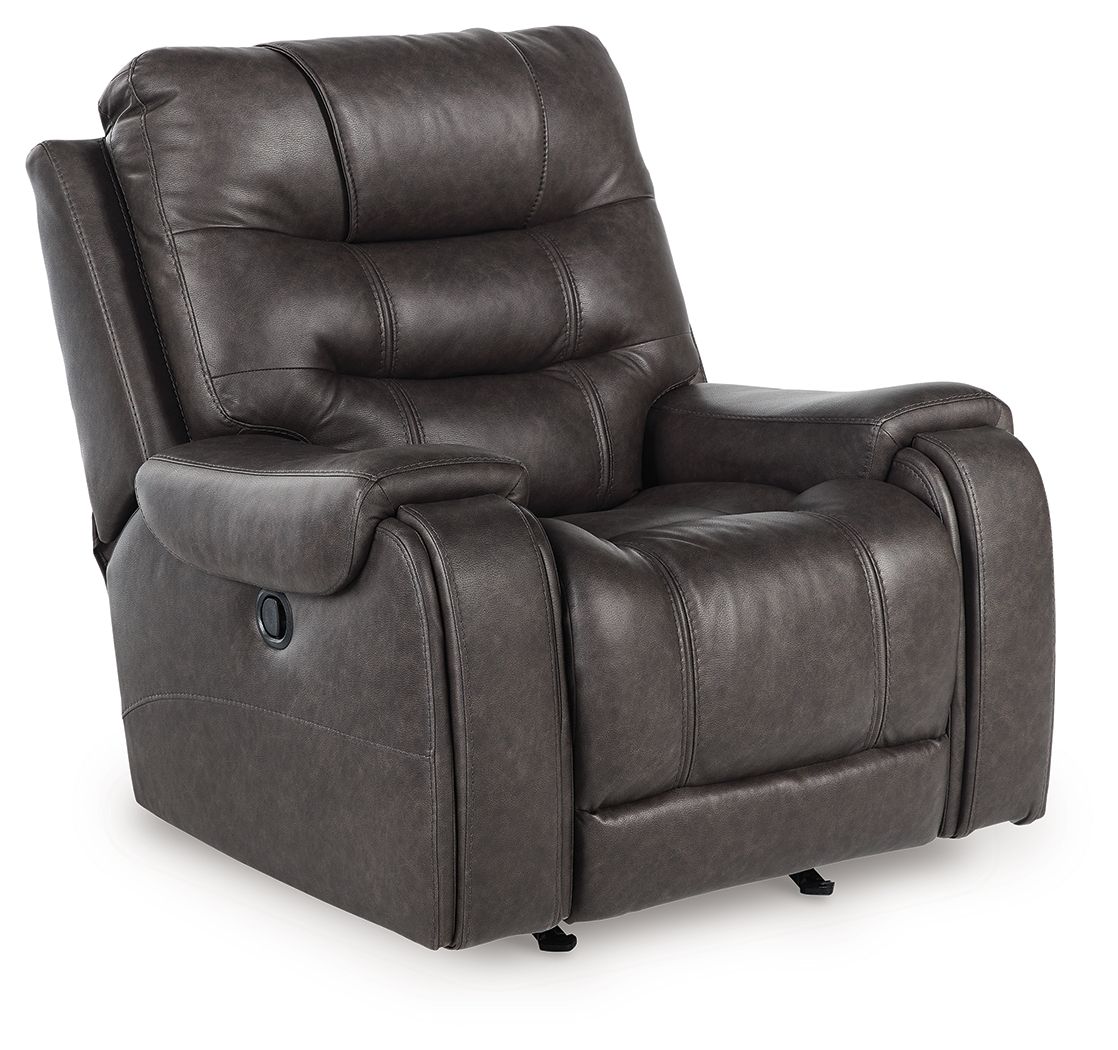 Smoke rocker recliner chair in dark gray faux leather with padded arms and headrest