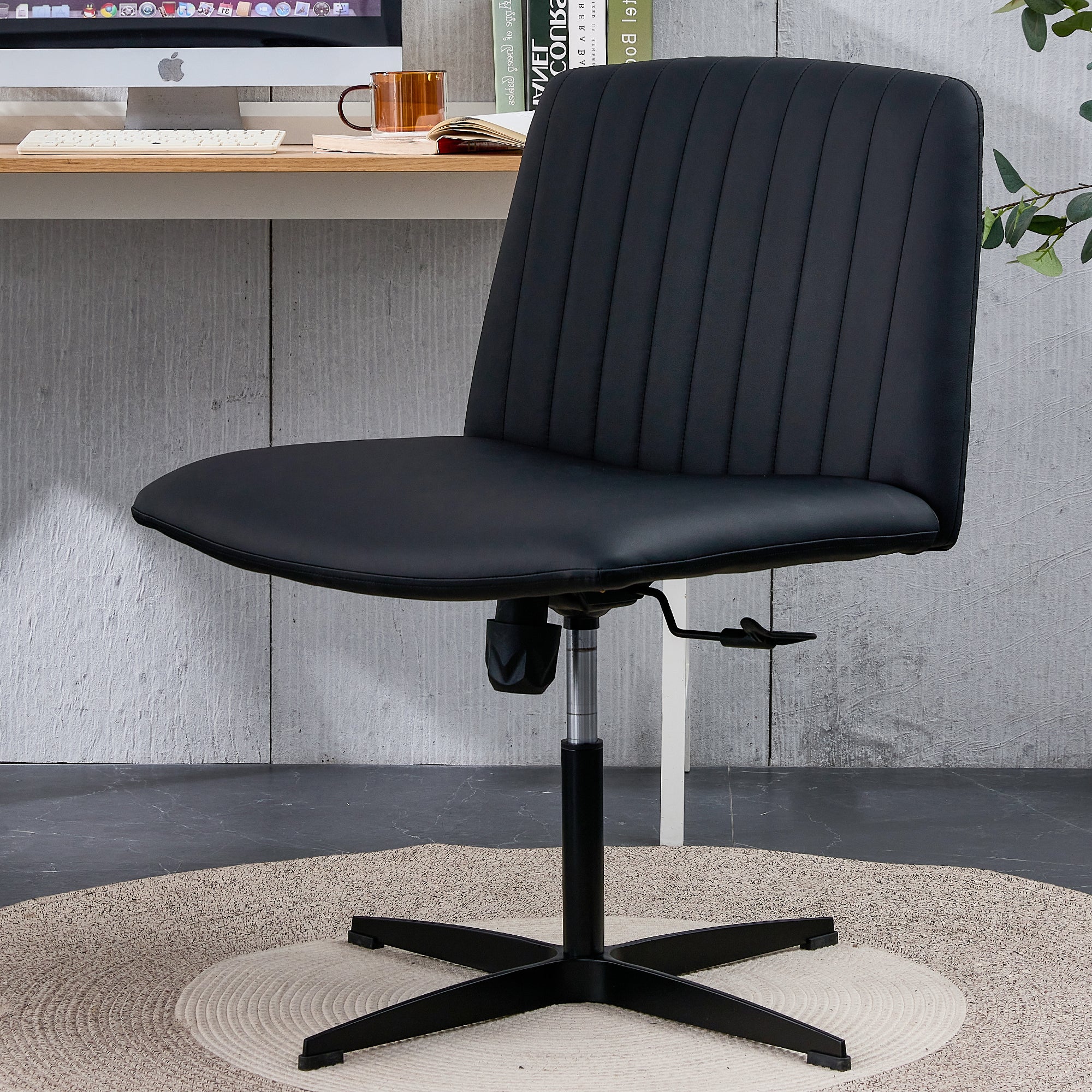 Black PU Leather Home Office Chair, 360° Swivel, No Wheels