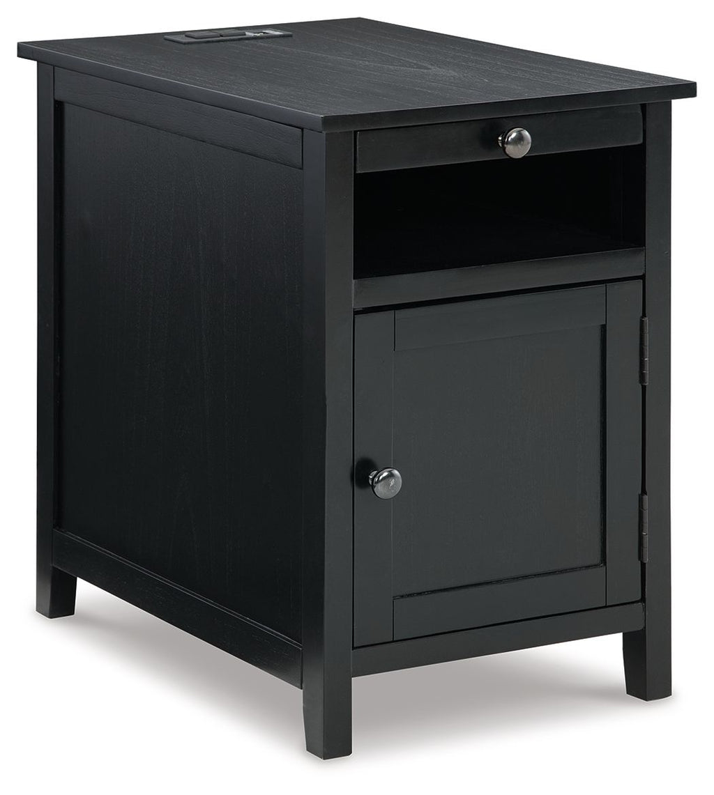 Dark gray chair side end table with top drawer, open shelf, and cabinet door