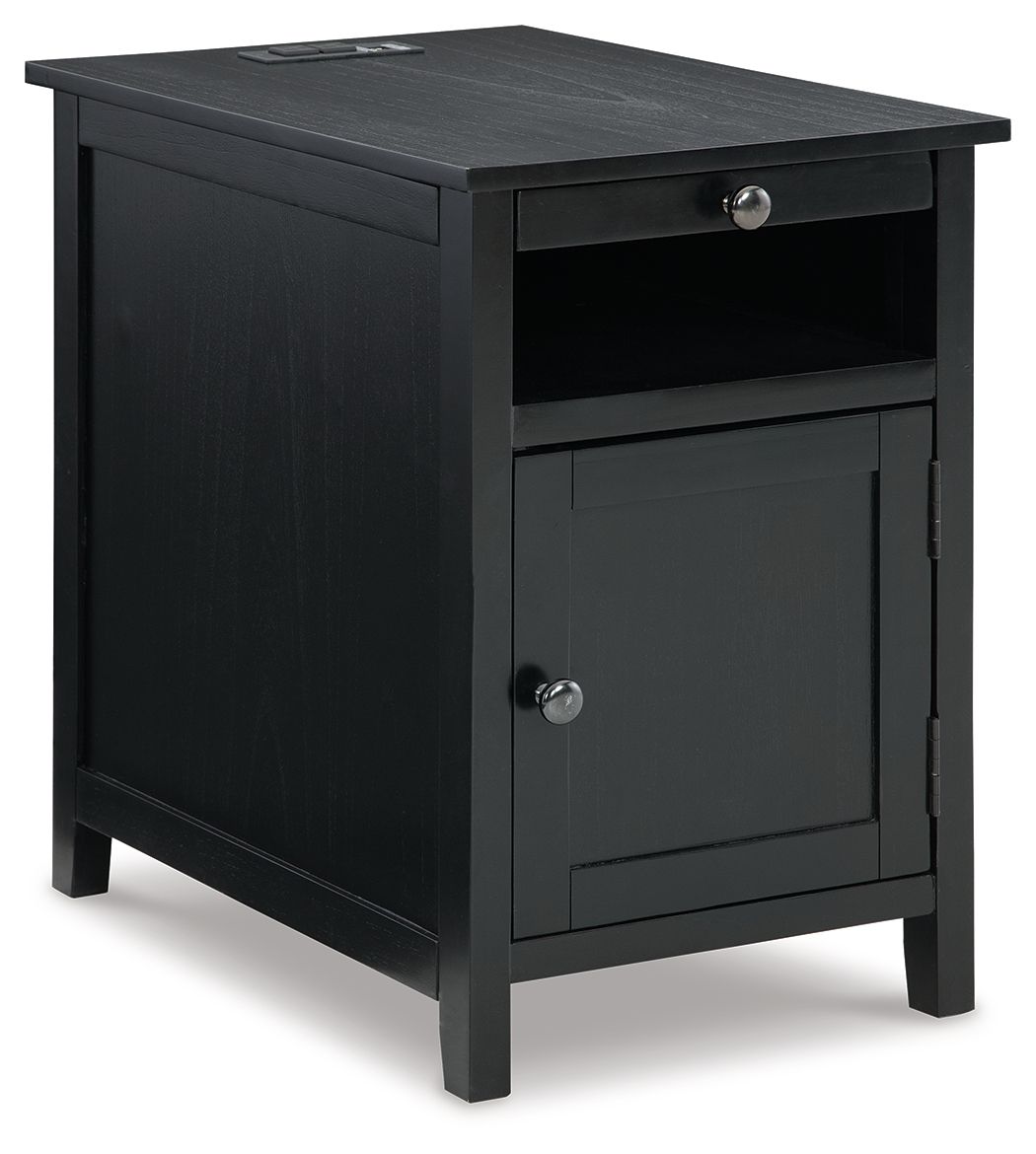Dark gray chair side end table with top drawer, open shelf, and cabinet door
