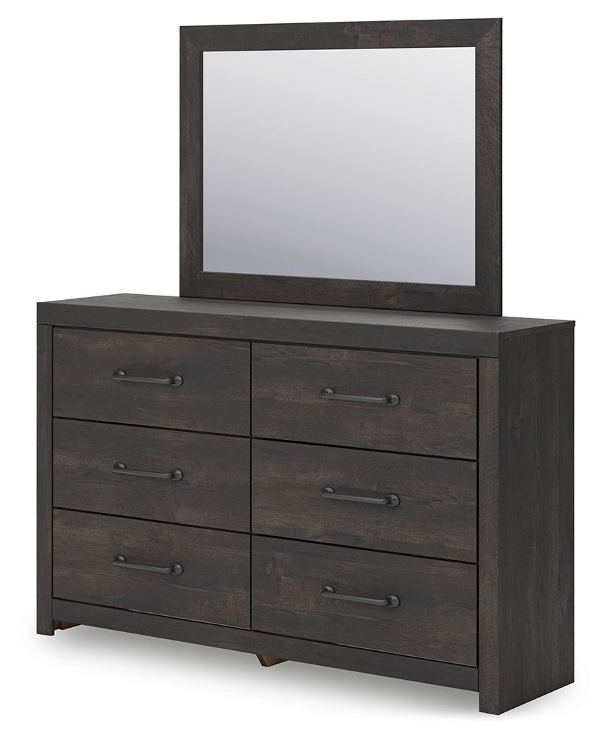 Dark gray dresser with square mirror and six drawer fronts with metal bar pulls