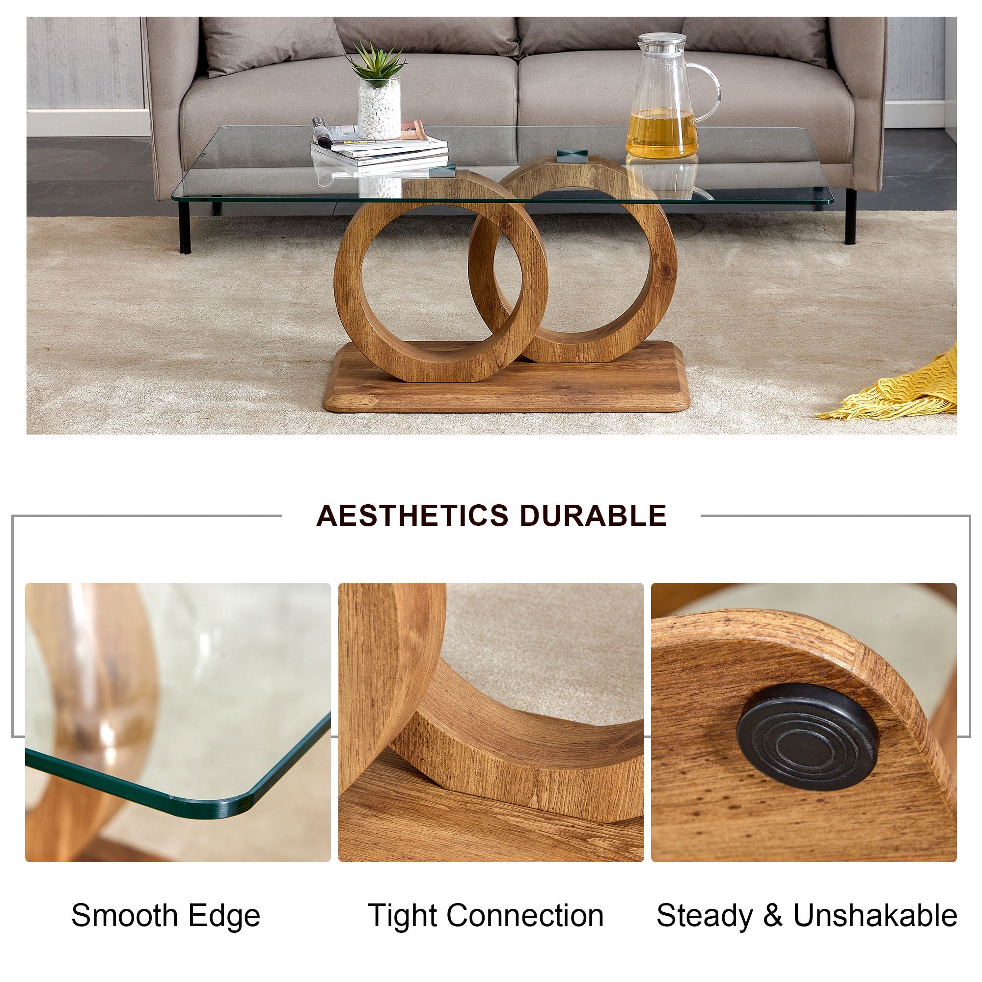 A Rectangular Modern And Fashionable Coffee Table With Tempered Glass Tabletop And Wood Grain Table Legs Suitable For Living Room