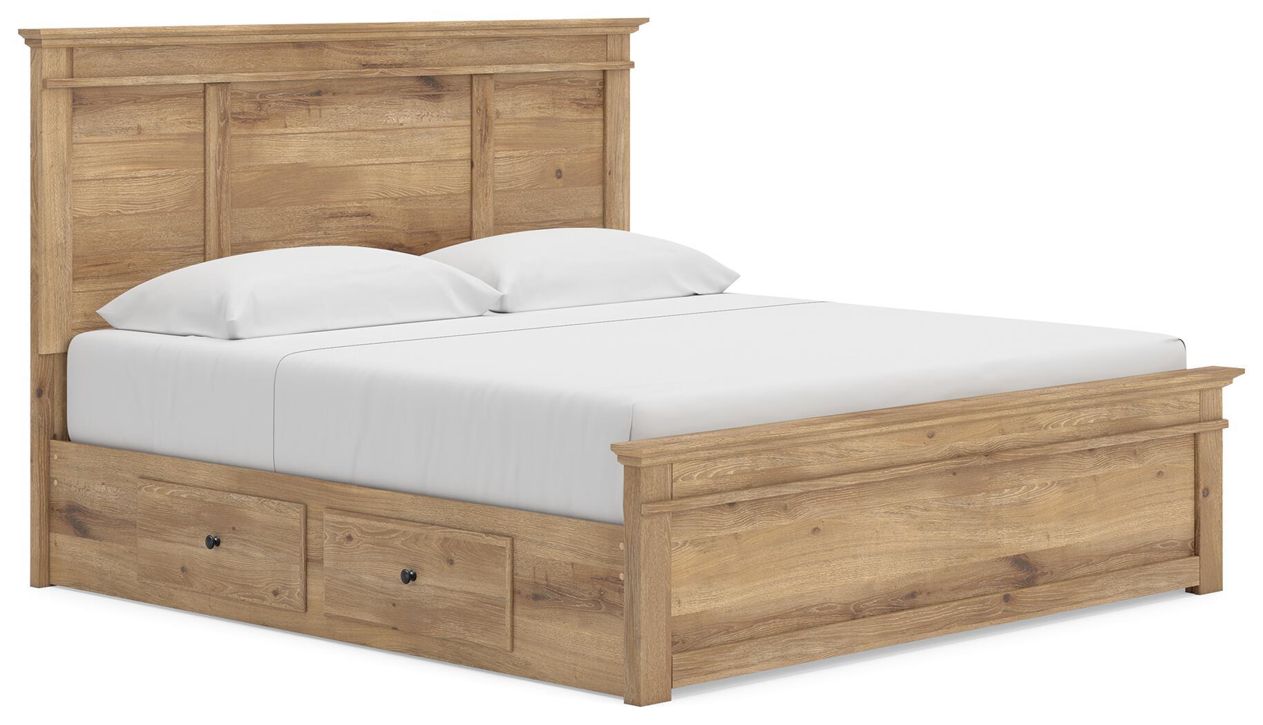 Light brown panel storage bed with side drawers and white mattress.