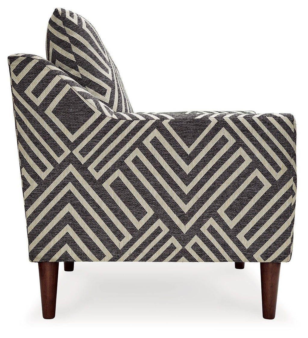 Side view accent chair with chevron upholstery and squared back, dark charcoal and light natural