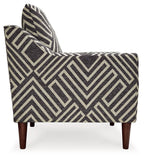 Side view accent chair with chevron upholstery and squared back, dark charcoal and light natural
