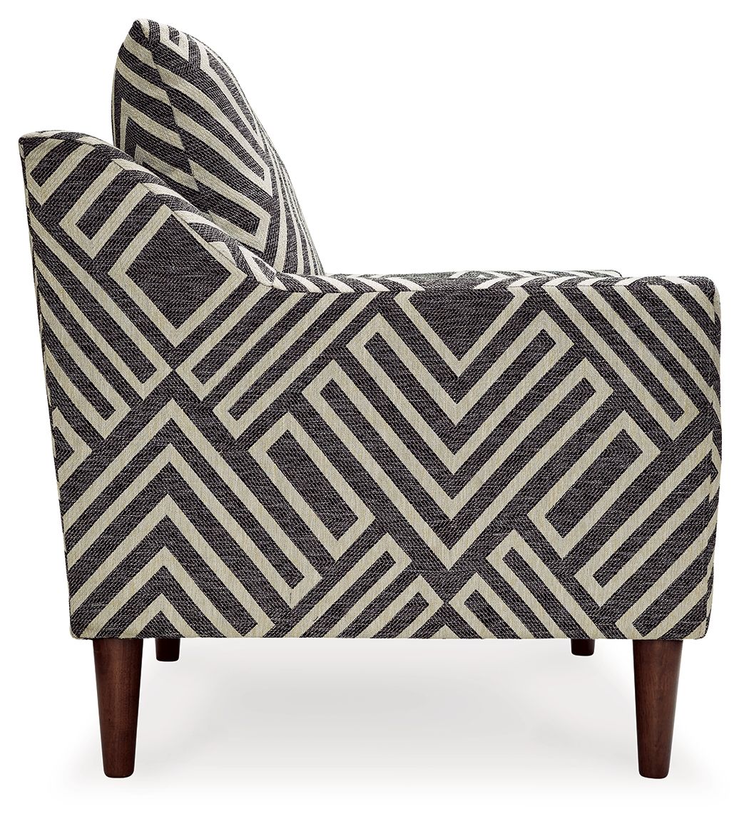 Side view accent chair with chevron upholstery and squared back, dark charcoal and light natural