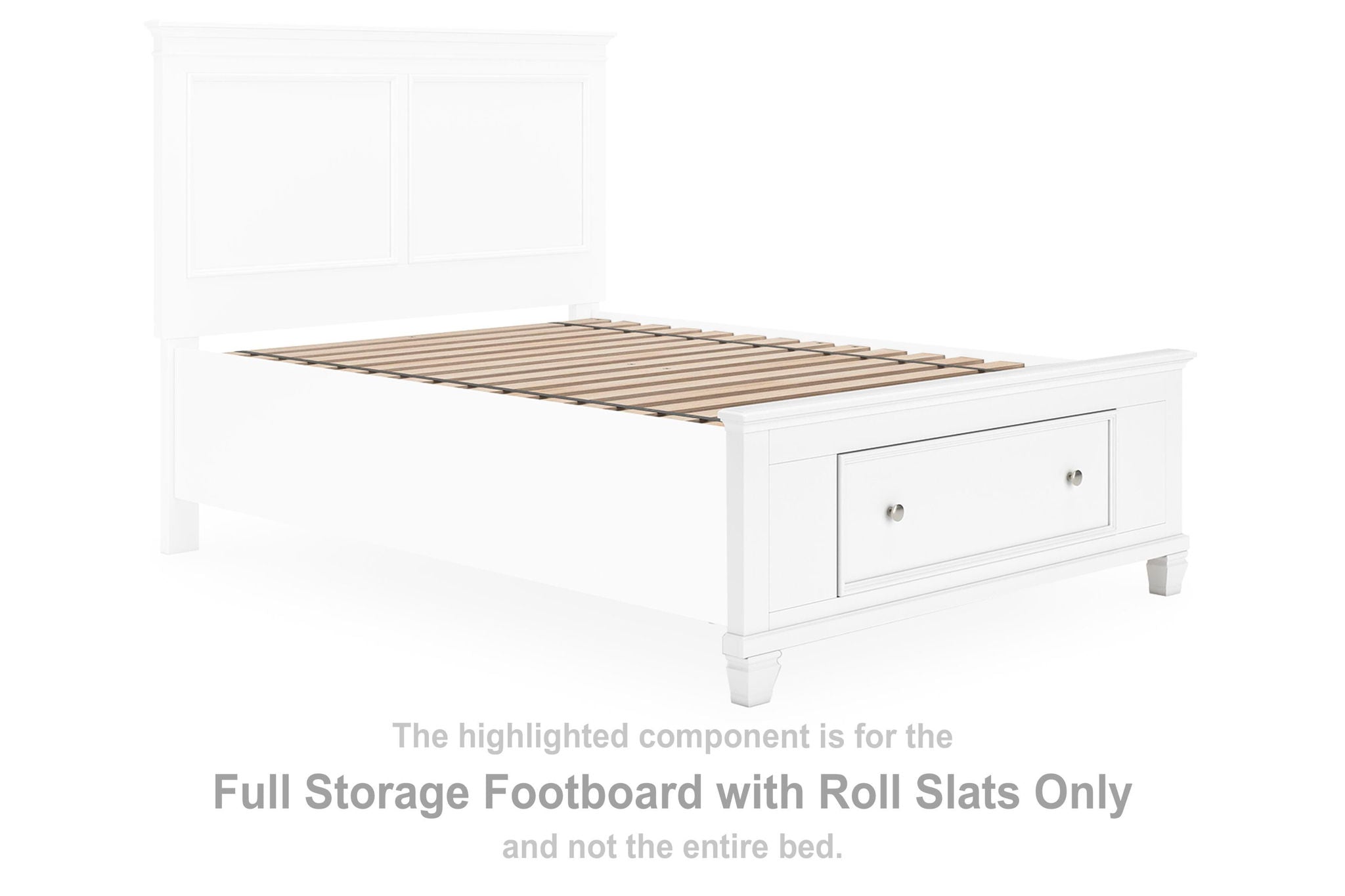 White bed storage footboard with roll slats and drawer storage
