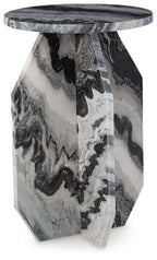 Accent table with round marble-look top and hexagonal base, gray white and black