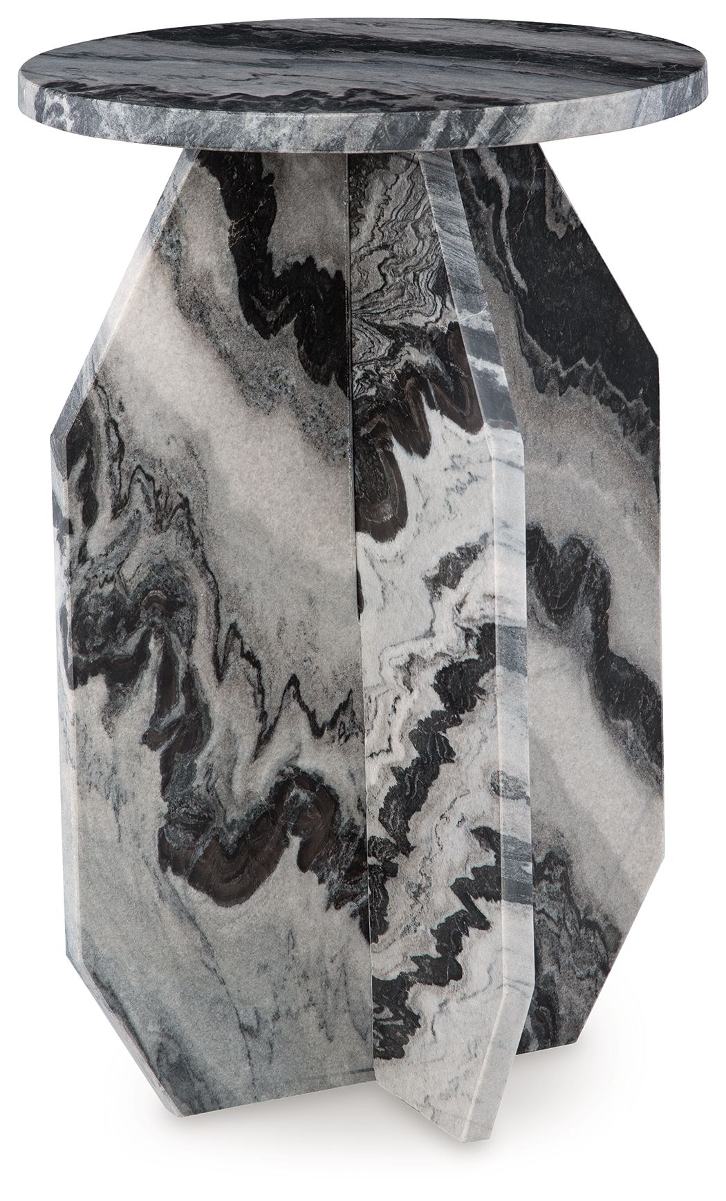 Accent table with round marble-look top and hexagonal base, gray white and black
